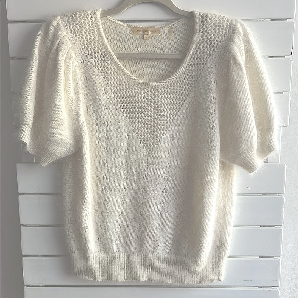 LoveShackFancy White Crew Neck Sweater with Puff Sleeves
